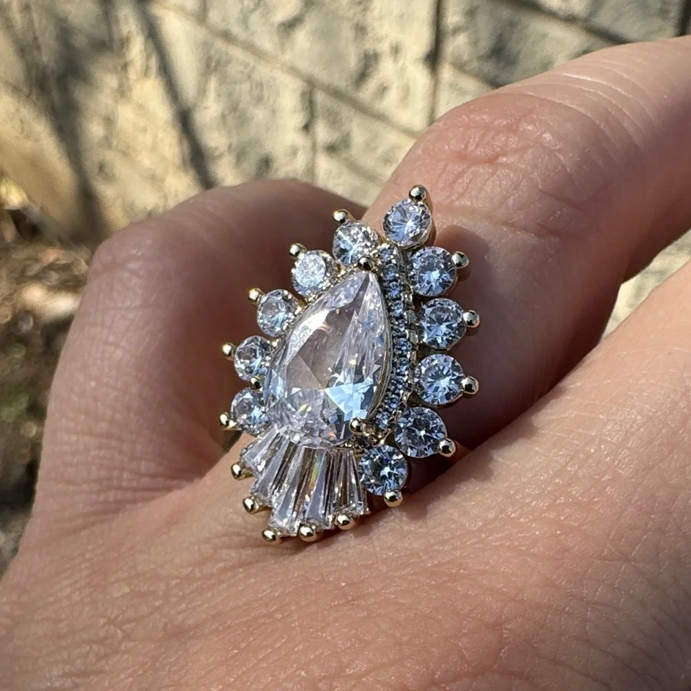 Gold Plated Teardrop Halo Ring baguettes & CZ Size 8 Wedding Engagement